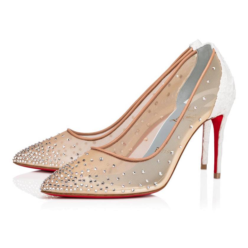 Women's Christian Louboutin Follies Strass 85mm Lace Sparkly Heels - White [4167-532]